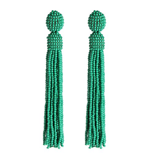 Bonnie Beaded Tassel Prom Earrings Long Shoulder Statement Bridal Earrings Gifts for Her (Green)