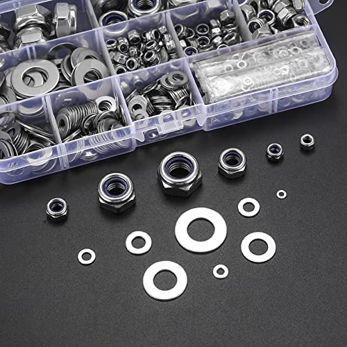 980 Stk Sicherungsmuttern mit Flach Unterlegscheiben Sortiment, Schraubensicherung Edelstahl, Selbstsichernde Beilagscheiben Sicherungsscheiben Sechskantmuttern - M2.5/M3/M4/M5/M6/M8/M10/M12