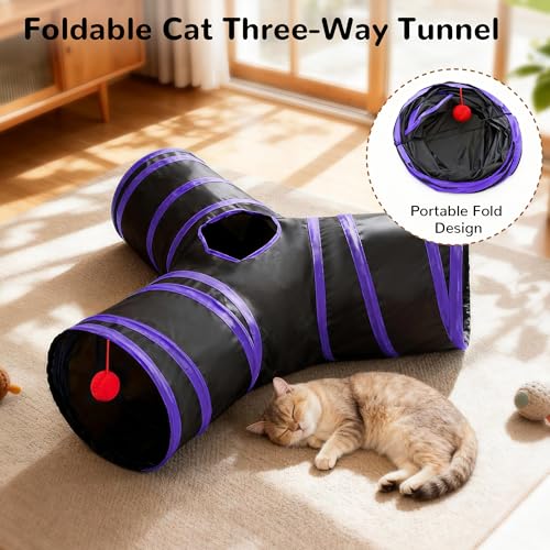 Image of Tempcore Cat Tunnel for Indoor Cats, 3 Way Collapsible Pet Play Tunnel with Teaser Wand, Peek Holes & Hanging Ball, Interactive Tube for Kittens & Rabbits, Black & Purple