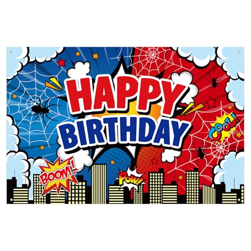 SAVITA Decoración de Fondo de Telaraña, 152x100cm Pancarta Dibujos Animados Feliz Cumpleaños Metrópolis Telaraña Roja y Azul para Decoración Fondo Fotografía Fiesta Cumpleaños Niños