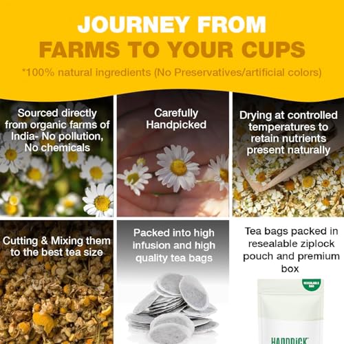 Image of HANDPICK, Organic Chamomile Tea Bags (100 Herbal Tea Bags) Caffeine Free| Premium Floral Chamomile Herbal Tea in Eco-Conscious Teabags | Direct from Source (Pack of 2)