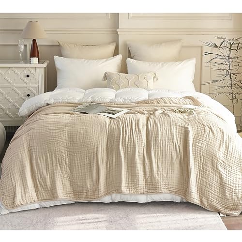 Image of SANACYNA Queen Size Muslin Blankets for Adults 100% Cotton 6-Layer Gauze Light Tan Cooling Throw Blanket Lightweight Soft Breathable Blanket for Sofa Coverlet Both Sides (Light Tan, Queen 90 inch X 90 inch)