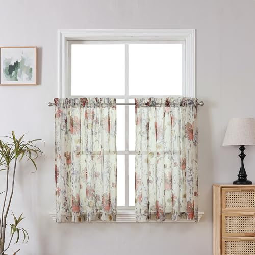 Image of OWENIE Crushed Sheer Cafe Curtains Kitchen Tiers 30 Inch Length 2 Panels, Printed Design Small Window Half Curtains for Bathroom Bedroom Cupboard Living Room, Short Light Filtering Curtain, 42 inchx30 inch