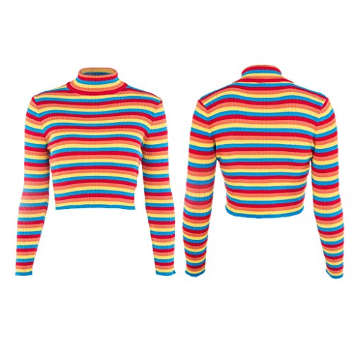 Autumn and Winter Sweaters Keep Warm, Womens Autumn Long Sleeve Turtleneck Sweater Colorful Rainbow Stripes Short Crop2