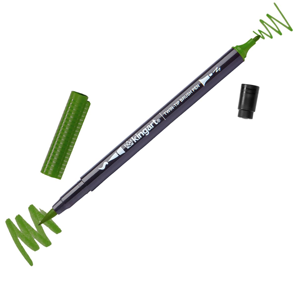 KINGART TT020-1 PRO Twin-Tip Olive Color 445 Series Single Brush Pen Artist Marker, Double-ended Brush Tip & Fine Tip, Water-based Non-Toxic Ink,