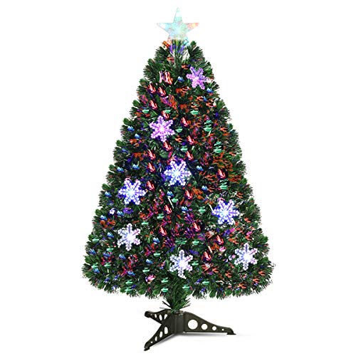COSTWAY Albero di Natale 90/120/150/180 cm, Albero di Natale Artificiale con Luci LED, Rami Densi, Stelle Luminosi e Fibre Ottiche, Decorazione Natalizia per Casa, Ufficio e Negozio (90cm)