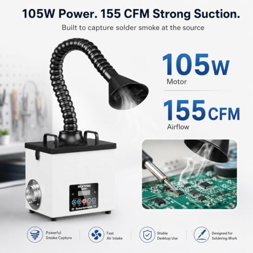 Image of MN01 Upgraded Solder Fume Extractor 105W 155 CFM LED Exhaust Hose | 2 m exhaust hose for small laser engraver, laser cutter, nail tech and PCB smoke; 3-layer 99.97% filter with alert