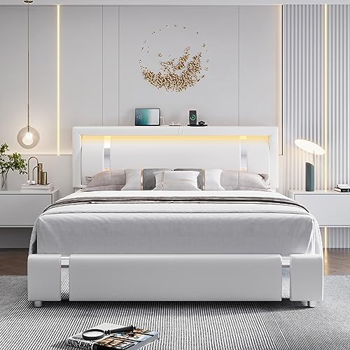 Keyluv Queen Bed Frame with RGB Headboard Lights, Storage Drawers, and USB Ports - Modern Faux Leather Platform, No Box Spring Required, White