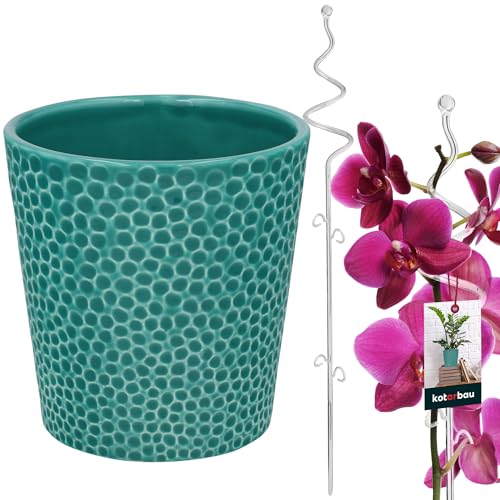 KOTARBAU® Pot de fleurs en céramique émaillée turquoise 15 cm avec support pour plantes - PVC transparent - 58 cm - Pot à orchidée en céramique avec...