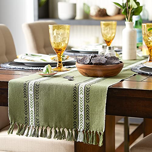 DII Fringe Striped Table Top, Cotton, Dobby Olive, Table Runner, 14 x 108 cm, Table Runner, 14x108" - Image 3