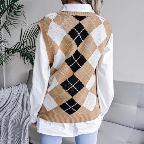 Image of Women's V Neck Knit Sweater Vest Plaid Sleeveless Crop Knitwear Tank Pullover Top