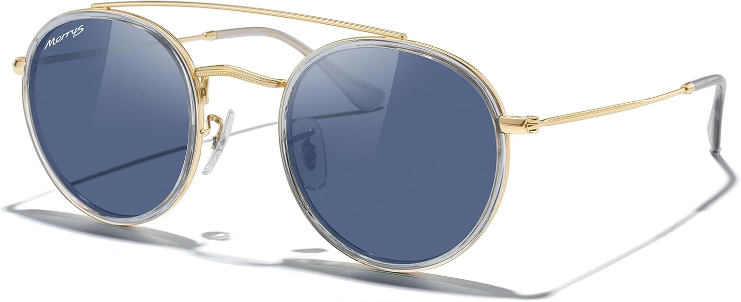 MERRY'S Retro Round Polarized Sunglasses - Unisex Double Bridge Sun Glasses