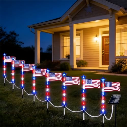 8 Connected in 1 Solar American Flag Pathway Stake Lights with 8 Modes - Patriotic Red White Blue Waterproof LED Outdoor Yard Garden Decorations for 4th of July Memorial Day