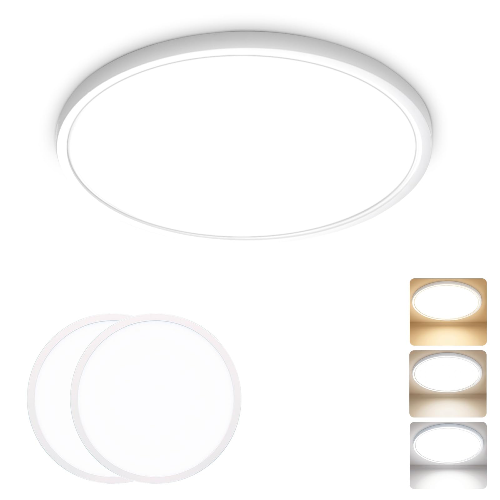 Fynokst 29CM LED Ceiling Light 24W 3200LM, 3000K/4000K/6500K 3 Color Temperature, IP54 Waterproof Bathroom Light, Modern Round LED Bathroom Light for Bedroom, Kitchen, Hallway, White 2Pack