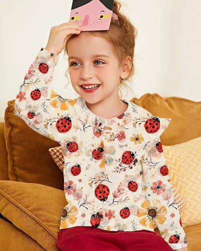 DDSOL Toddler Girl Long Sleeve Shirt Dino Ladybug Butterfly Strawberry Ruffle Long Sleeve Tops for Kids Girl 2-7 Years2