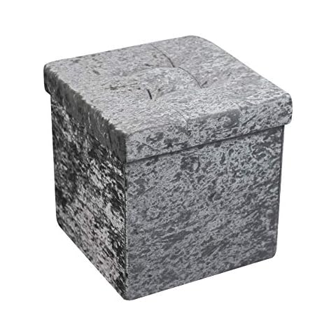 HomeHarmony® Crushed Velvet Quilted Top Folding Storage Ottoman Seat, Stool, Toy Storage Box (Medium Silver) Cover