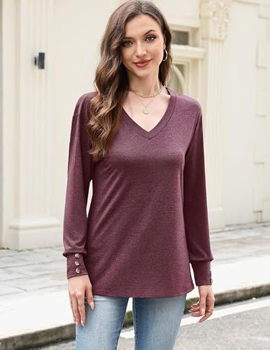 Misakia Going Out Tops for Women Trendy 2025 Dressy Casual V Neck Loose Fit Long Sleeve Buttons Flowy Tunic Tops Soft Blouses Shirts Fall Winter Outfits Ladies Tops C-wine Red — view 2