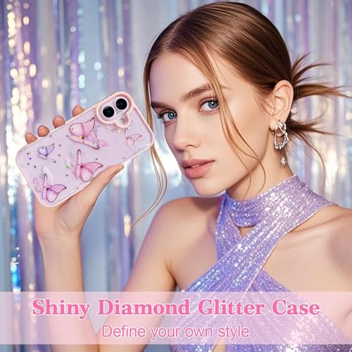 Image of VONZEE Glitter Butterfly Transparent Case Compatible with iPhone 17, Sparkly Bling Clear Back Cover, Soft TPU Shockproof Protection, Slim Stylish Protective Phone Case for Women & Girls (Pink)