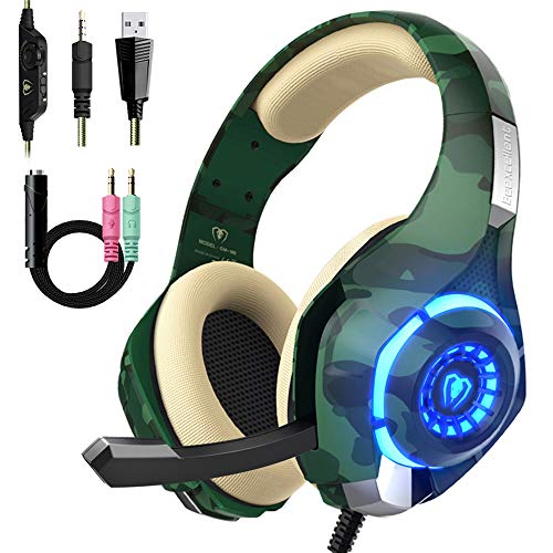 Beexcelente - Auriculares de Diadema para PS4, PC, Xbox One, Sonido estéreo sobre la Oreja con reducción de Ruido, micrófono Control de Volumen y luz LED para portátil, Tableta, Mac, iPad