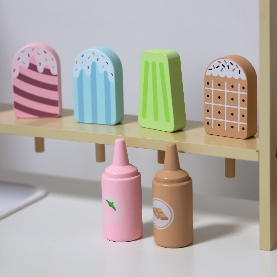 Mamabrum Holz Eisdiele für Kinder 3+, Rollwagen mit EIS, Spielen, Dezentes Design, Reichhaltige Accessoires, Entwickelt Kreativität und Soziale Fähigkeiten