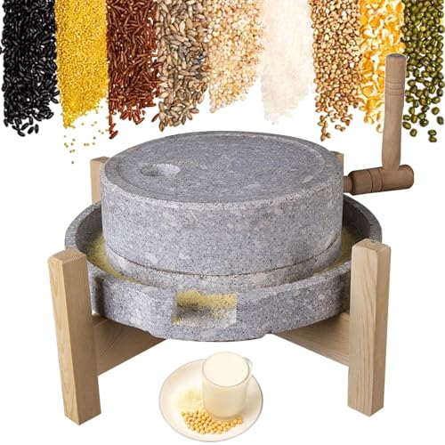 Steinmühle für Trocken/Nassmahlen, Natürliche Granit-Lebensmittelmühle für Tofu, Sojamilch, Sesam und Bohnen, tragbar mit Ständer