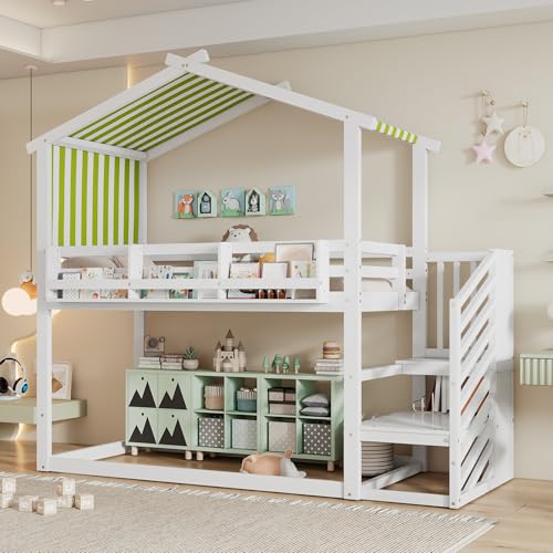 RIAZOS Bunk Bed for Kids, 3ft Children's Cabin Bed 90x190cm, MDF + Pinewood + Plywood, Decorative Canopy, Corner Staircase, With a Small Picture Bookshelf, For Boys Girls, White + Green