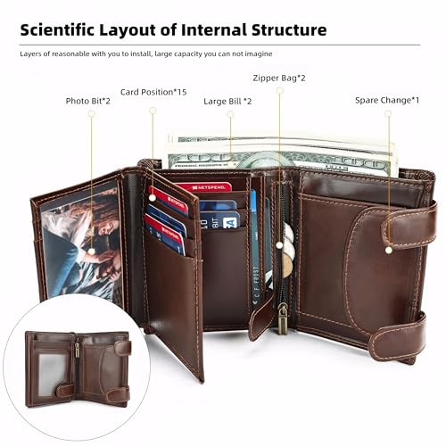 Men’s RFID Blocking Trifold Wallet – Genuine Leather with Anti-Theft Chain – 15 Card Slots, Slim Design with Coin Pocket - Brown4