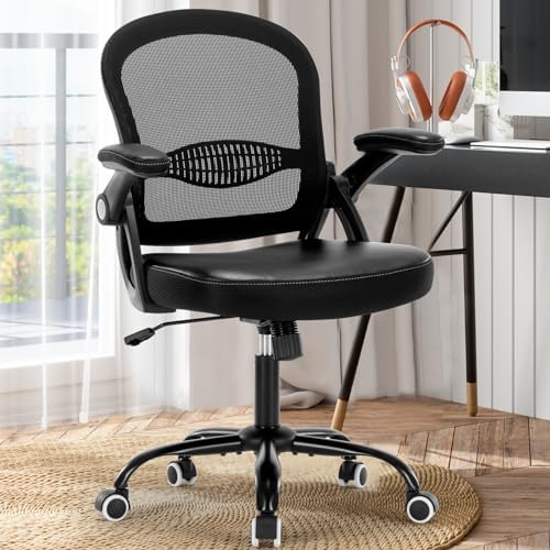 Office Chair,PU Cushion Ergonomic Desk Chair, Mid Back Home Computer Chair,Adjustable Executive Task Chair,Mesh Flip-up Armrests Swivel Rolling Wheels Work Gaming Chair,Black