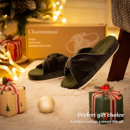 Image of Chantomoo Slippers for Women Memory Foam House Bedroom Corduroy Bow Crossbands Slipper Shoes Comfy Trendy Gift Slippers