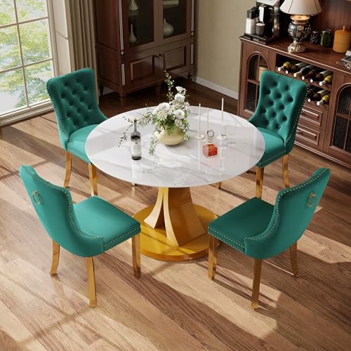 Image of 5-Piece Dining Table Set with 39In Faux Marble Table and 4 Velvet Upholstered Chairs, Modern Scandinavian Furniture for Dining Room Kitchen(Green&Gold)