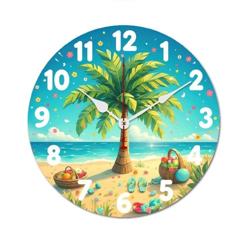 南国ビーチ時計ヤシの木と果物籠 掛け時計 北欧 壁掛 木製 10in/12in 軽量 部屋飾り 人気 ギフト静音 非電波 読みやすい リビングルーム 寝室 オフィス 30*30cm