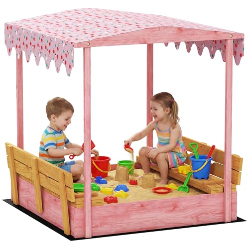 AIYAPLAY Bac à Sable en Bois avec Couvercle, bac à Sable Enfant extérieur avec siège Pliable, Espace de Rangement, Toile imprimée Flamants, Fond Inclus,...