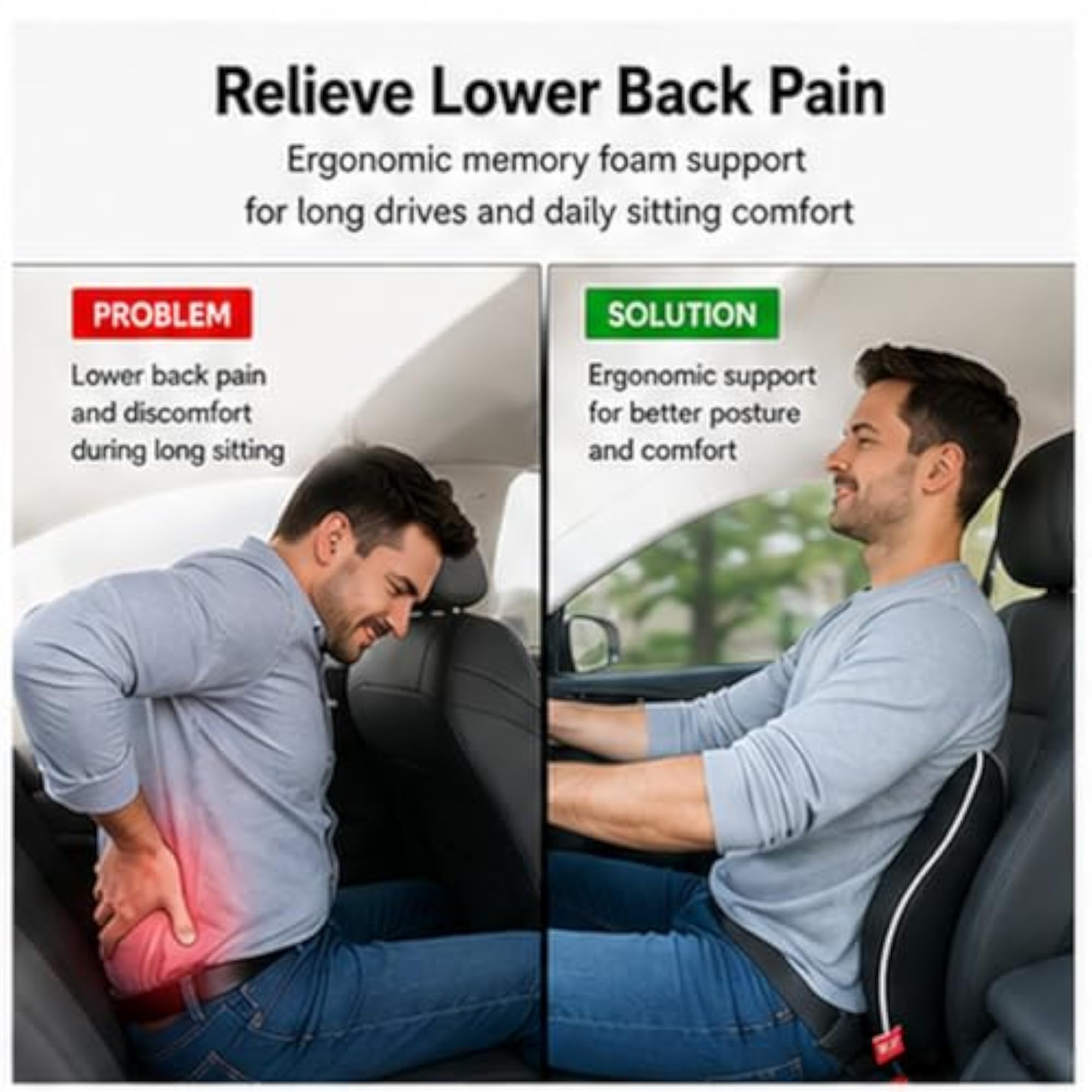 Car Seat Lumbar Support Cushion, Memory Foam Back Support