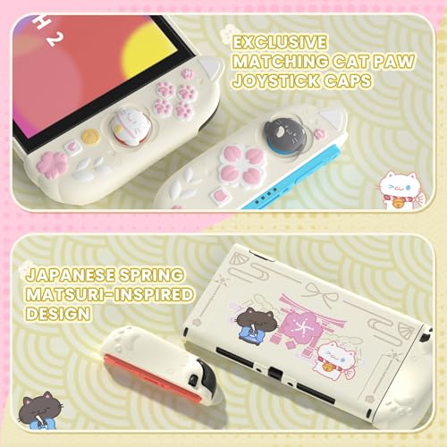 Image of PlayVital Cherry Blossoms Kitten Protective Case for Nintendo Switch 2 with Stand | Cute Cat Ear & Paw Silicone Grips, Dockable Hard Shell, 2 Joystick Caps | Full-Body Protection Cover, Antique Yellow