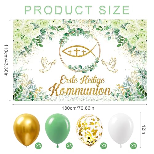 110x180cm Kommunion Confirmation Banner, Gold-Grün Eukalyptus Hintergrund mit 12 Luftballons, Taube, Holzfisch & Kreuz, Hängedeko für Jungen und Mädchen