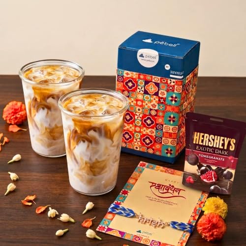 Image of PEBELLIFEWARE Personalized Rakhi Gift Hamper for Brother - Glass Tumblers | Set of 2 Borosilicate Glass Tumblers 345ml with Customized Name Brass Rakhi Thread, Card & Luxury Gift Box
