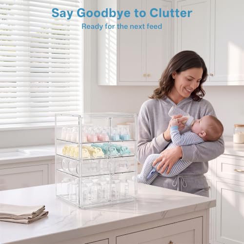 Image of HBlife Baby Bottle Storage Organizer for Countertop Cabinet, 4 Tiers Adjustable Clear Acrylic Bottles Storage Station Case Box Container with 3 Removable Dividers and Magnetic Double Door, X-Large