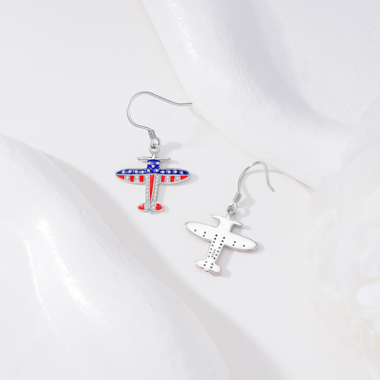 American Flag Airplane Earrings 925 Sterling Silver Flag Airplane Earrings Dangle Jewelry Gifts for Women - Image 5