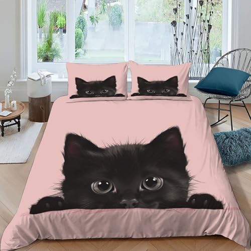 Couvre-lit imprimé chat noir avec 2 taies d'oreiller microfibre confort doux