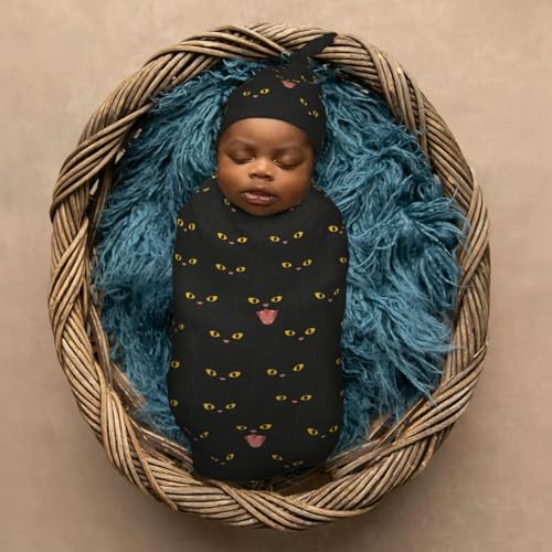 Image of Black Cats Cute Newborn Swaddle Blankets Hat Sets Soft Baby Receiving Blanket Swaddle Sack for Baby Shower Infant Boy Girl Gift