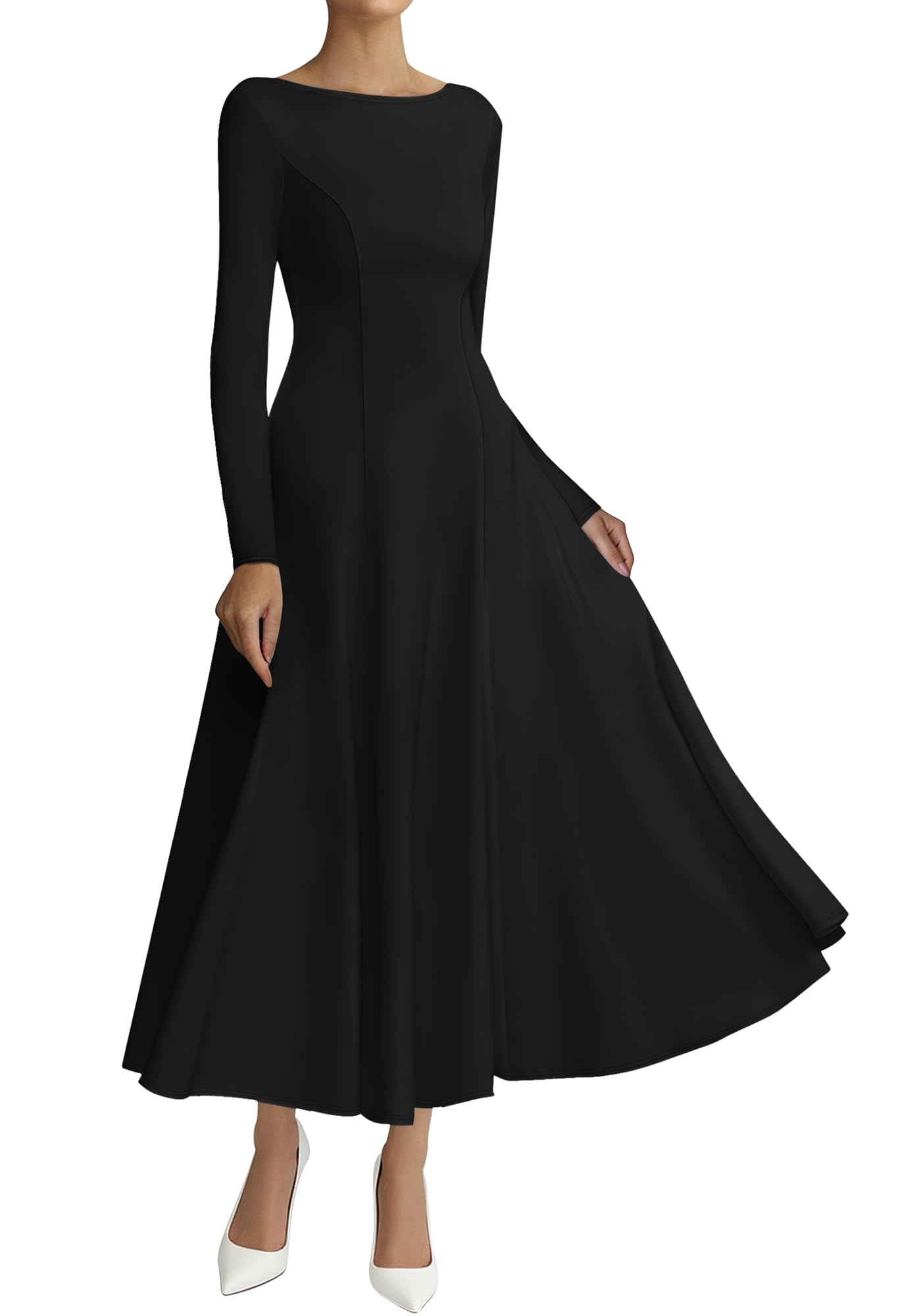 BTFBM Fall Dresses for Women 2025 Trendy Boat Neck Long Sleeve A Line Flowy Knit Loose Casual Elegant