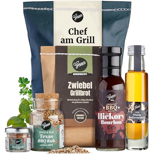 Gepp’s Feinkost Männerfrühstück Wundertüte I Geschenkidee für Männer mit Bio Grill- und BBQ Sauce, Whiskey, Texas Super Rub, Black Lava Salz & Grillbrot I...