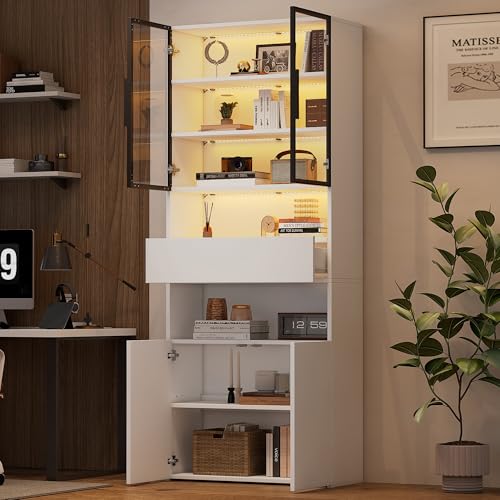 Juabett 70*30*200cm Vitrine,Vitrinenschränke Mit Schubladen und Glastür, Mehrzweckschrank Glasvitrine mit LED, Hochschrank mit Offene, Speicherplattform,Bücherschrank,Standvitrine, Hoher Schrank,Weiß