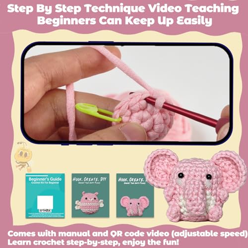 Beginner Crochet Kit For Adults,Amigurumi Crochet Animals Kits with Step-by-Step Video Tutorials 30% Extra Yarn, Learn To Crochet Bee & Elephant Amigurumi Starter Kit Gift For Hobbyists Crafters — view 3
