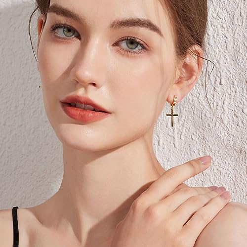 Han han 18K White Gold Plated Cross Earrings for Women, 925 Sterling Silver Cross Dangle Earrings, Simple Cross Hoop Earrings for Men Women, Silver/Rose Gold/Gold Color Cross Jewelry3