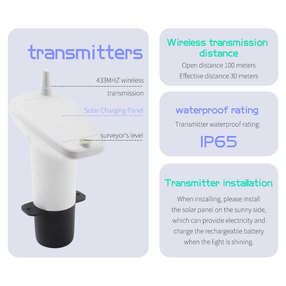 Drahtloser Ultraschall-Wassertank-Flüssigkeitsstandmesser und Messgerät mit Temperatursensor, Zeitanzeige und LCD-Balkendiagramm, 1 bis 5 m Reichweite, Auflösung 0,01 m,