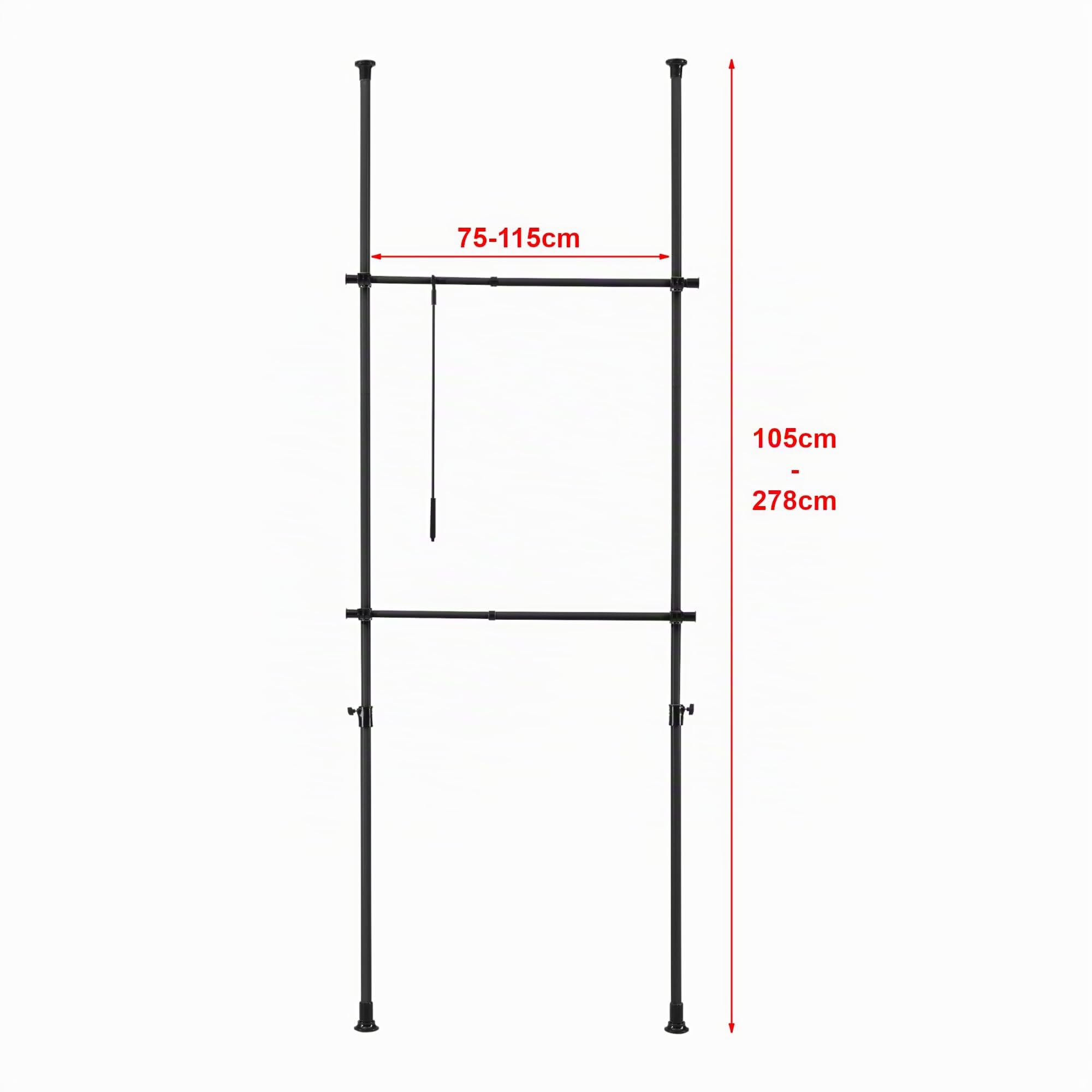 [en.casa] Perchero Burro Ropa Telescópico Vestidor Abierto Altura 105-278 x 75 - 115 cm Ajustable 2 x Barras Máx. 20 kg Fácil de Instalar Acero Plástico - Negro