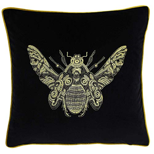 Paoletti Riva Cerana Cojín-Negro-Super Suave Terciopelo Tela-Bordados Diseño Abeja Oro Hilo Bordes-100% Poliéster-50 X 50Cm (20 X 20 Pulgadas), Poliéster, 50x50cm