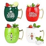 TJ Moscow Mule Mugs Set of 4, 12 oz Christmas Moscow Mule Mugs with 304 Stainless Steel Lining and Gold Brass Handles for Drinking Water & Cocktails Juice, Beer, Bars, Parties,4 color