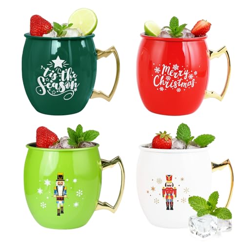 TJ Moscow Mule Mugs Set of 4, 12 oz Christmas Moscow Mule Mugs with 304 Stainless Steel Lining and Gold Brass Handles for Drinking Water & Cocktails Juice, Beer, Bars, Parties,4 color